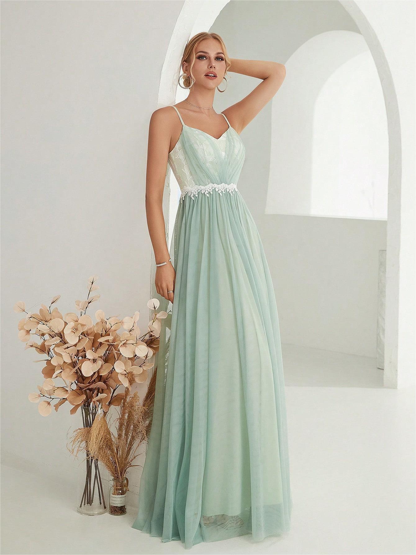 Women Suspender Evening Dress Mesh Cross Fold Lace Contrast Color Maxi Dress Summer