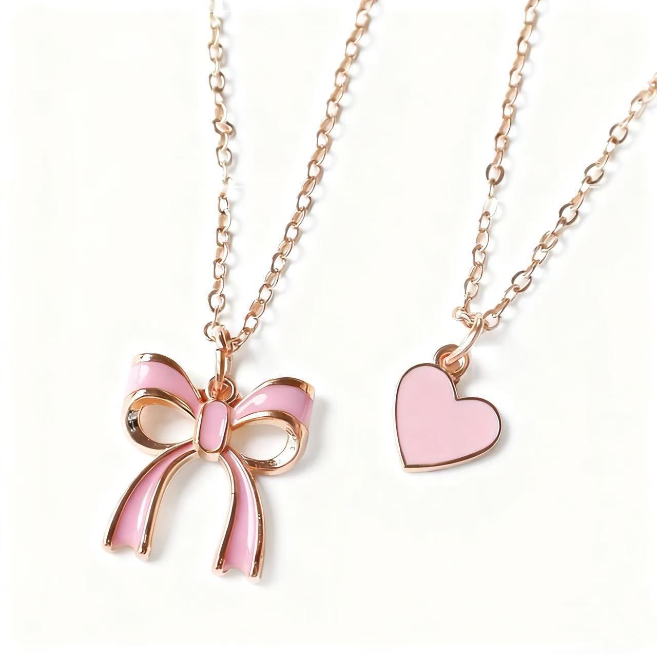 Cross-Border New Style Love Heart Bow Necklace, Sweet Pink Double-Layered Design, Niche Design Titanium Steel Clavicle Chain