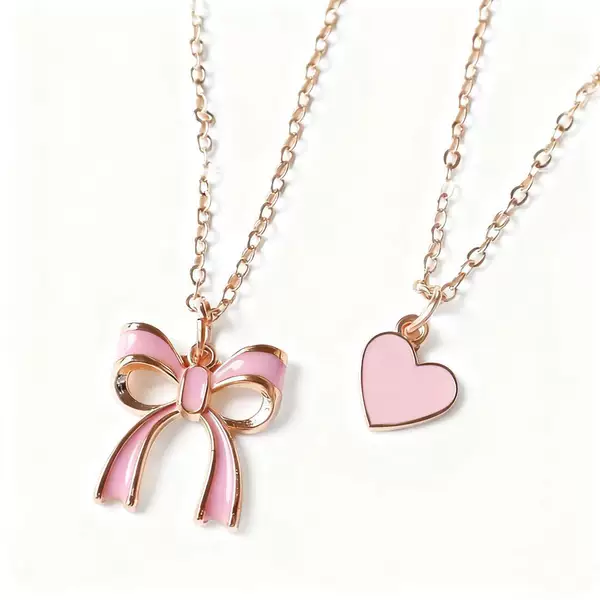 Cross-Border New Style Love Heart Bow Necklace, Sweet Pink Double-Layered Design, Niche Design Titanium Steel Clavicle Chain