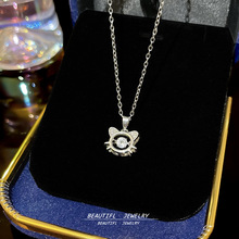 甜美灵动猫咪项链轻奢高级感闪钻可爱简约吊坠气质钛钢锁骨链批发