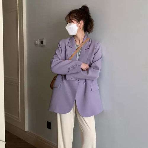 紫色西装外套女2024春秋新款双排扣小个子气质显瘦网红炸街上衣潮