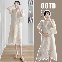 孕妇装2024夏钩花蕾丝宽松长款孕妇连衣裙