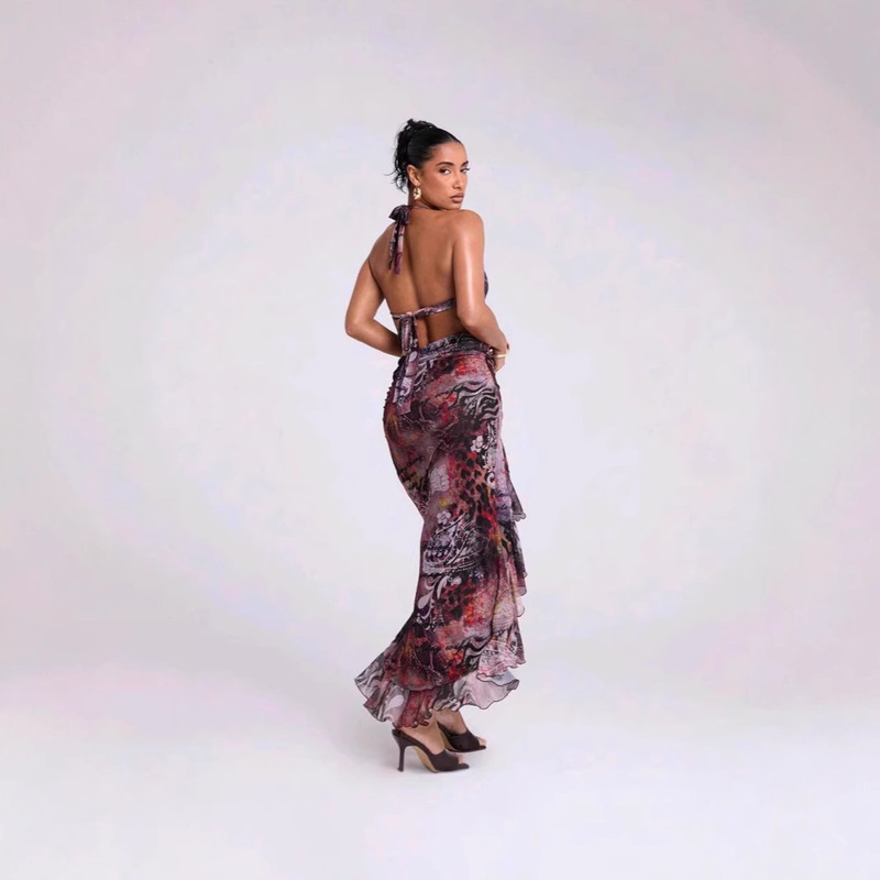 Australian Lioness Sexy Hot Girl Style Halterneck Backless Printed V Neck Halterneck Low Scoop Back Belt Vest Top Trendy