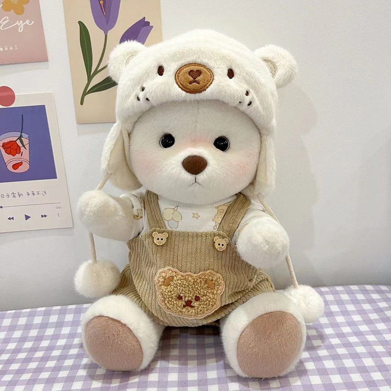 30cm Medium Lina Joint Bear Clothes White Bear Ball Cap Overalls Suit Teddy Bear Doll Dress up