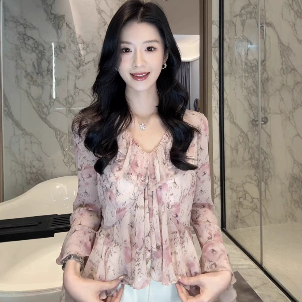 Французская шифоновая рубашка с v-образным вырезом и рюшами для женщин, весенне-осенний стиль, асимметричный топ с рукавами-колокольчиками на талии