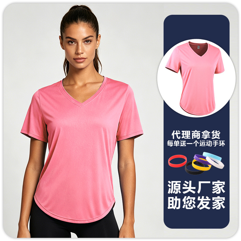 T-shirt de yoga de acondicionamiento físico para mujeres, protector solar, absorción de humedad, sudor, secado rápido, transpiración, correr, cuello en V, mangas cortas