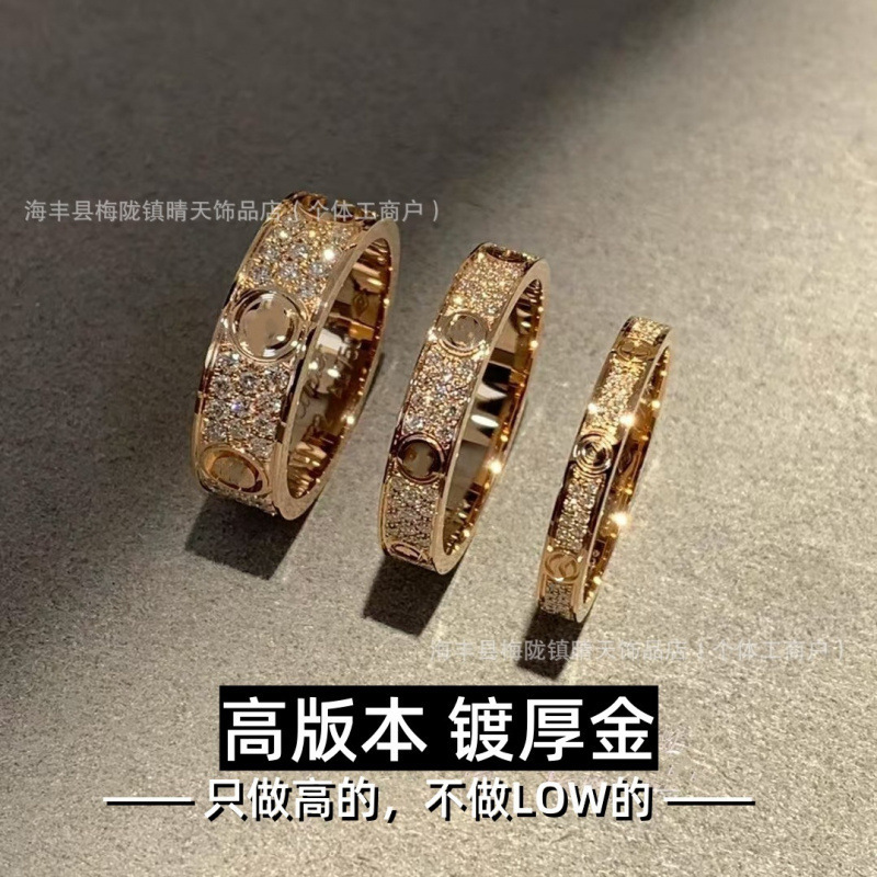 High-End Baby's Breath Ring Plated with 18K Thick Gold Couple Ring Mini Diamond-Set Two-Row Three-Row Diamond Manufacturer Wholesale