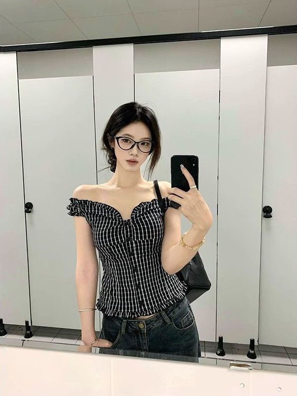 韓国純粋な欲望黒と白のチェック柄ワンショルダーツーウェアオフショルダーシャツベスト女性の夏多用途甘いホットガールスリムトップ|undefined