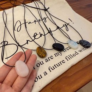 Natural Stone Asymmetrical Flat Stone Ins Niche Design Oval Long Black Rope Necklace Simple Water Drop Necklace for Women