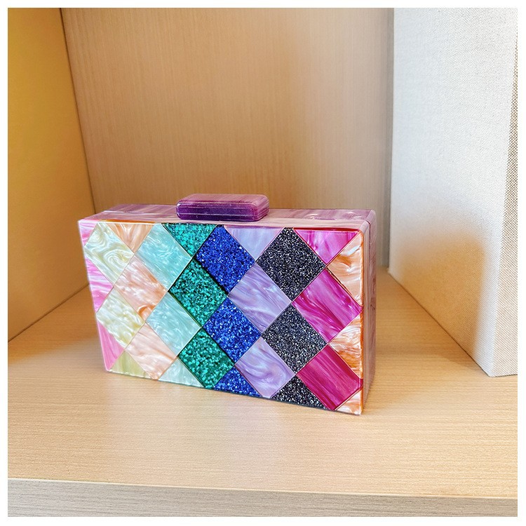 Nuevas bolsas de cena de damas transfronterizas empalmadas rango acrílico bolsas de cena de hombro de una sola mano de boda inclinada