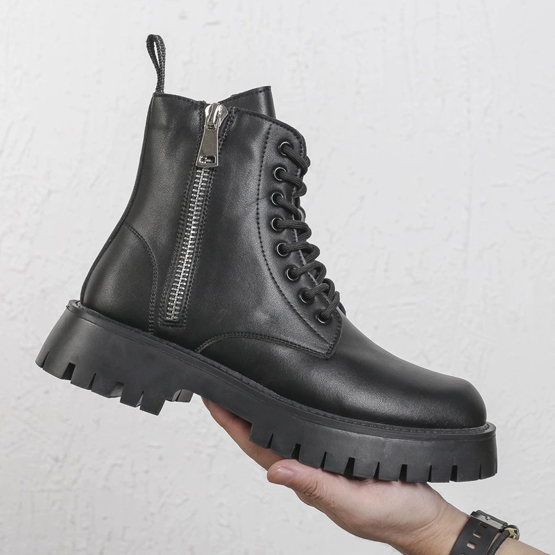 Мужские кожаные ботинки-мартинсы из натуральной кожи, осень 2025, новинка, очень большой размер, на толстой подошве, средней высоты, на шнуровке, с флисовой подкладкой, с боковой молнией