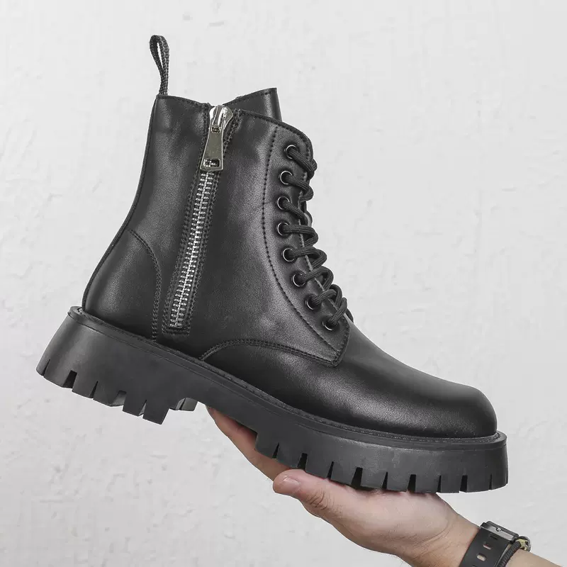 2025秋季新款特大码真皮马丁靴厚底中帮男士皮靴系带加绒侧拉链男