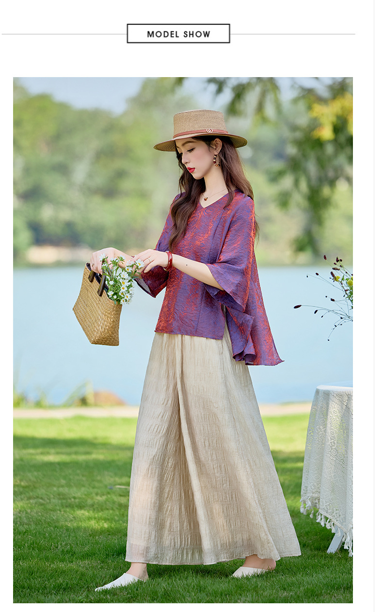 Bộ vest nữ hai mảnh gồm áo sơ mi cổ V và quần ống rộng dáng suông — Màu ảnh chi tiết 13