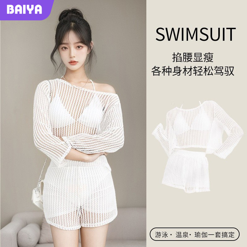 Nuevo traje de baño mujer dividida de tres piezas blusa de protección solar de manga larga encaje sexy punto traje de baño de vacaciones de playa hueco