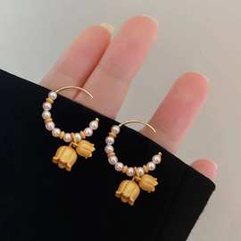 流沙金色兰花耳坠小众设计感高级耳环气质洋气轻奢珍珠耳饰女批发