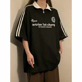 美式高街复古赛车v领短袖T恤男女宽松刺绣休闲夏季运动球衣半袖潮