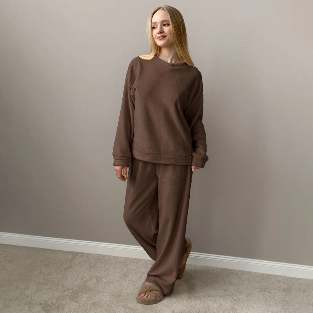 Transfronterizos cuello redondo pantalones de manga larga pijama conjunto Europa y los Estados Unidos otoño y invierno 2025 nuevo pijama de franela ropa para el hogar