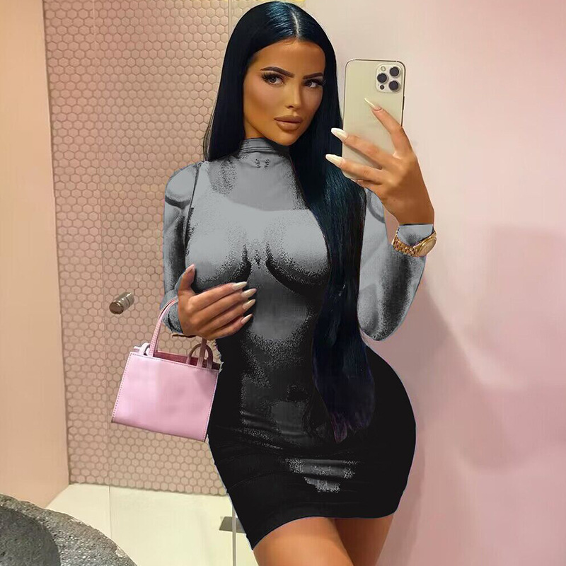 Fashion Solid Color Round Neck Long Sleeve Patchwork Spandex Polyester Knee-Length Sheath Dress