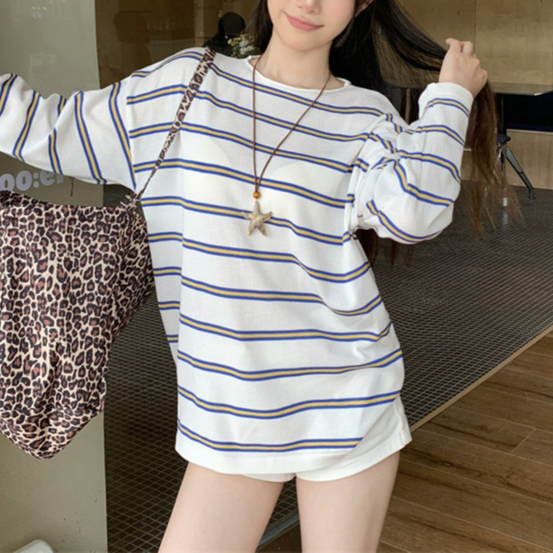 ストライプ長袖Tシャツアマゾンヨーロッパとアメリカンスタイルのクロスボーダー新しい多用途ルーズ薄手日焼け止めシャツ女性用ニットトップ|undefined