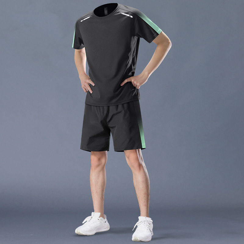 スポーツスーツメンズ速乾性夏ランニング半袖フィットネス服アイスシルク Tシャツショーツバドミントントレーニング服|undefined
