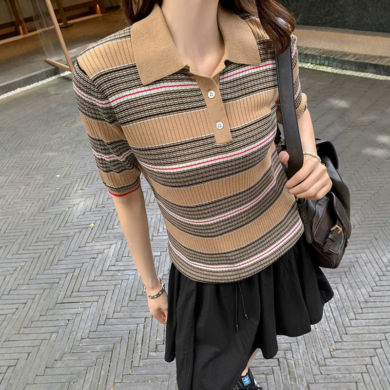 Vintage Striped Cookie Stripe Style Relaxed Shoulder 2026 Summer New Short-Sleeve Polo Collar Slim-Fit Slimming Knit Top for Women Vintage Striped Cookie Stripe Style Relaxed Shoulder 2026 Summer New Short-Sleeve Polo Collar Slim-Fit Slimming Knit Top for Women