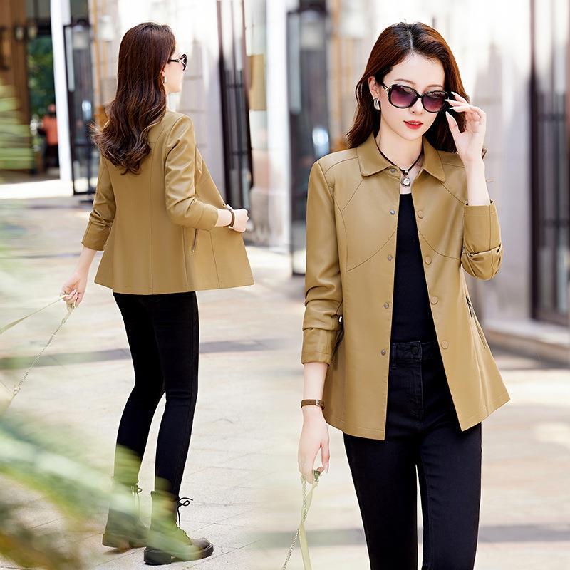 Haining Sheepskin Leather Jacket for Women, Spring and Autumn New Korean Style, Loose Fit, Short Versatile Long-Sleeve Leather Jacket