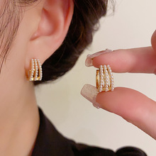 法式简约金属三层珍珠耳扣小众设计感复古轻奢高级感个性百搭耳环