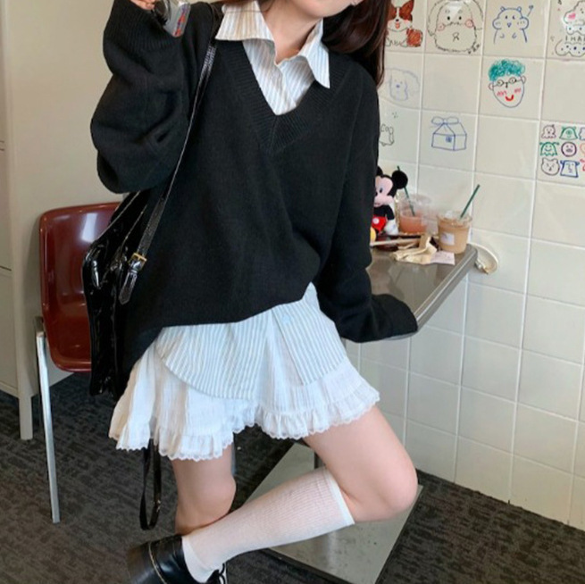 学院風減齢スーツ女性絶美セーターストライプシャツ上着A字半身スカート三点セットファッションスーツ|undefined