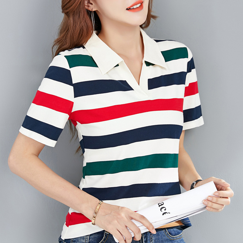 POLO collar short sleeve t-shirt women's cotton striped tight T-shirt 2023 Summer half sleeve middle-aged mom top