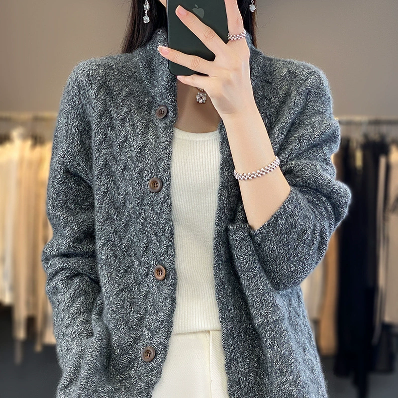 Cashmere cardigan, solid woolen long-sleeve, sweater, increased thickness, oversize