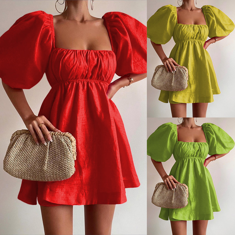 Women's Pure Color Fashion Temperament Loose Square Neck Puff Sleeve Dress_mkmklike.com