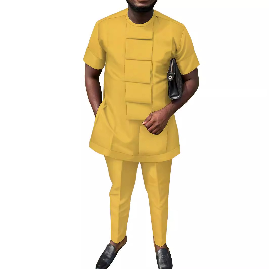 Cross-border sourcing Nigerian national costume short-sleeved men's two-piece set, African casual men's robe suit