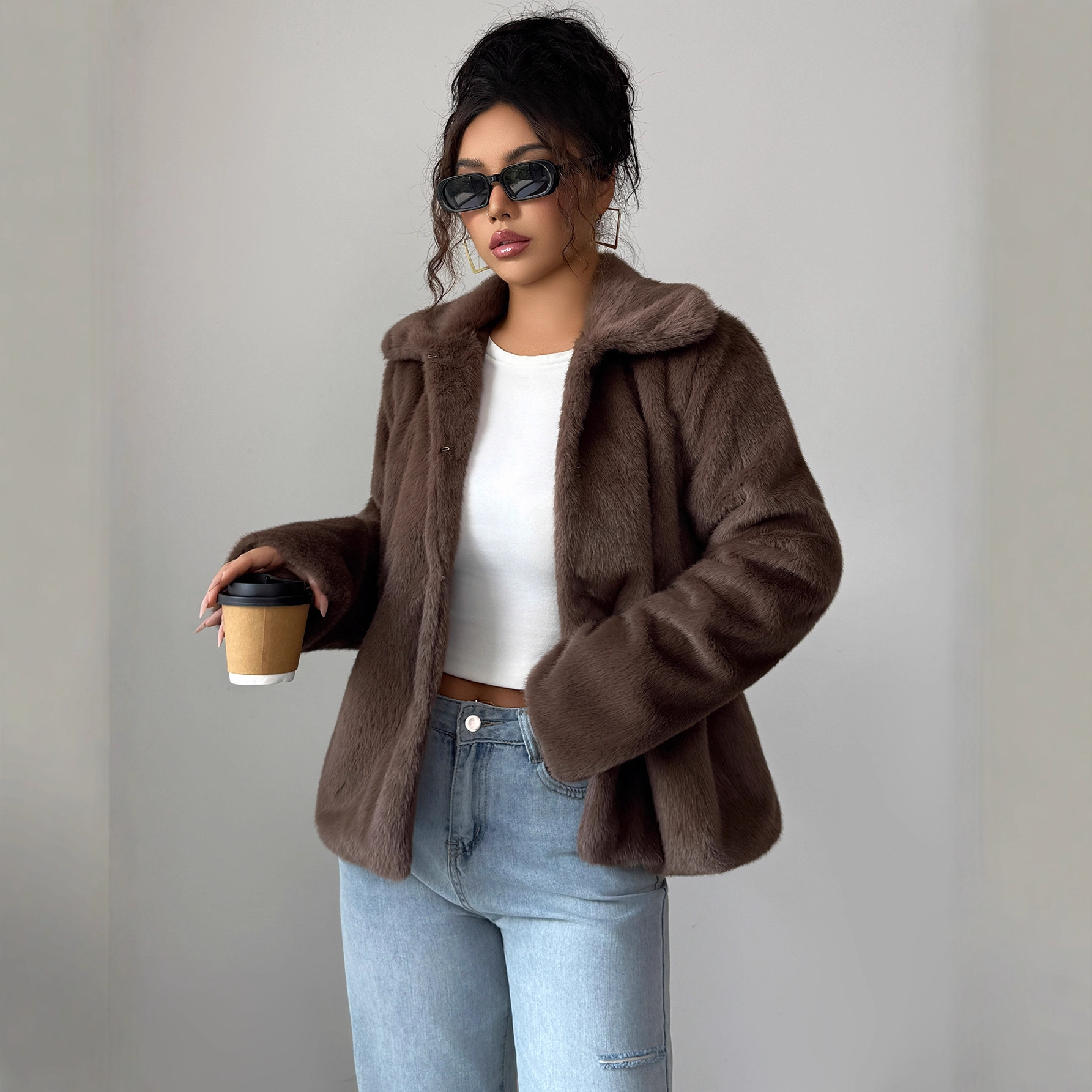 Elegant Women's Long Sleeve Plush Coat – Oversized U-Neck Trench Coat For Fall & Winter, Soft Polyester Fleece (Brown)_ecoleips.com