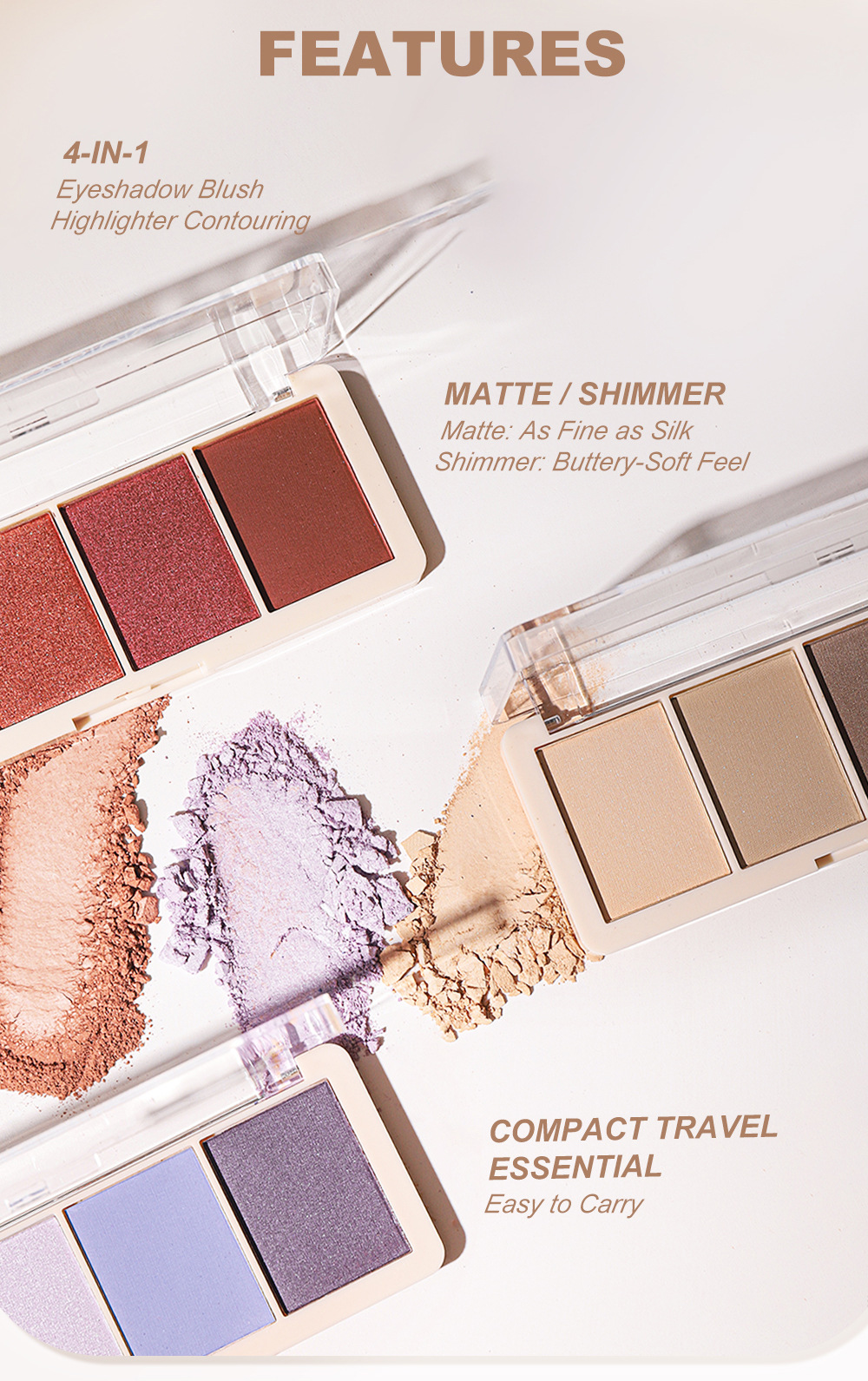 YOUNG VISION Four-color Eyeshadow Set: A daily light makeup eyeshadow palette with multiple pearlescent, matte and glossy tones Item Picture