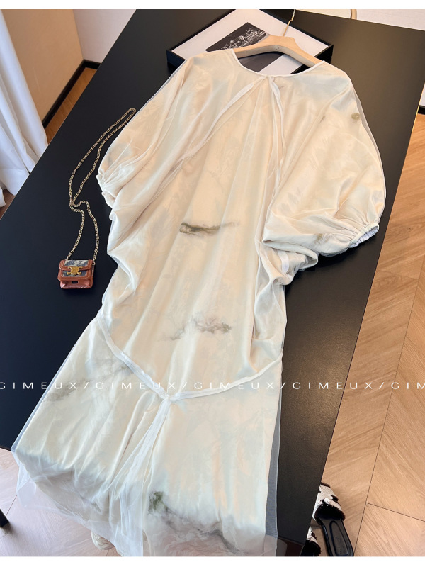 レトロなハイエンドの新しい中国風の V ネック夏怠惰なルーズ国民風ロングスカート二層ガーゼ妖精ドレス女性|undefined