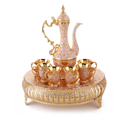 European-style fashion wine set with metal material base, wine glasses and wine jugs, embossed floral decoration, craft ornamental piece