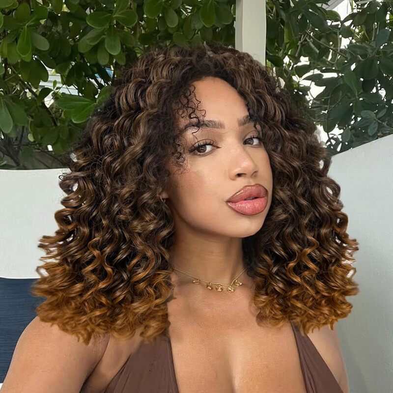 Drawstring Wig 14inch Water Ripple Women's Gradient Brown Mixed Blonde Highlight Short Glueless Wig
