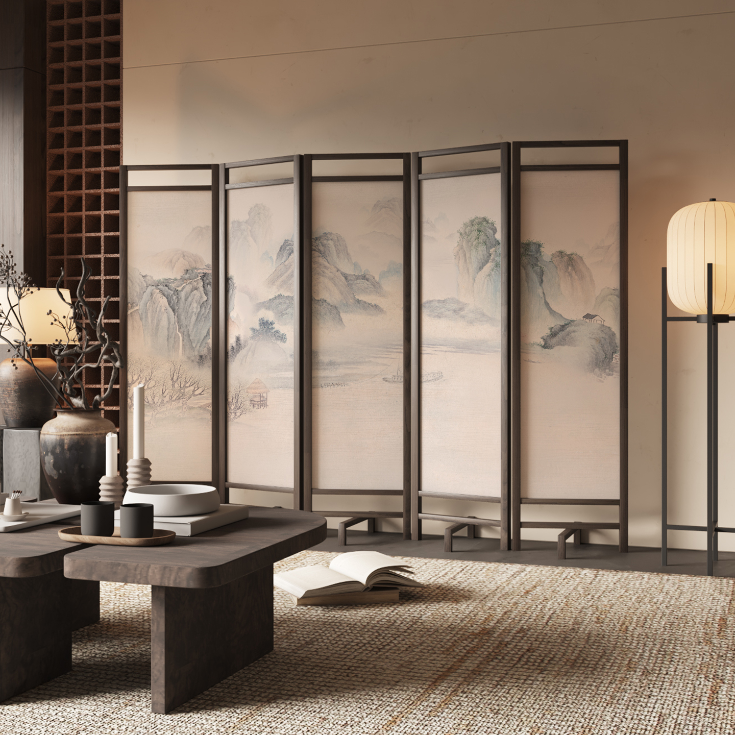 ✅ New Chinese Style Solid Wood Screen Partition Office Hotel Tea Room Landscape Folding Screen Removable Background