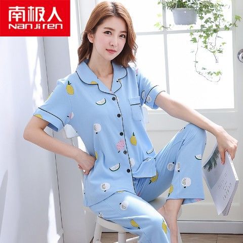 100% pijamas pantalones de algodón de manga corta de verano para mujer cardigan más el tamaño de algodón suelto ropa de casa de dos piezas