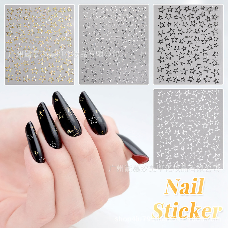 Manicure 3D Starburst Nail Back Sticker Asymmetrical Cut Out Five-Pointed Star Gold and Silver Star Moon Sticker Decoration
