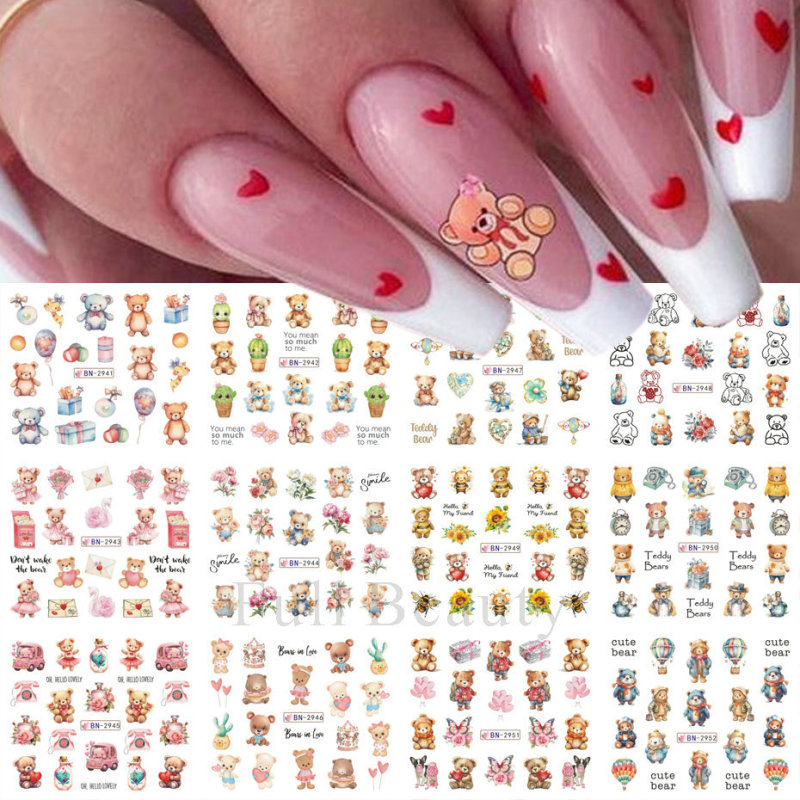 国境を越えた新しいネイルアート透かしシールバレンタインデーinsかわいいアニメ熊オウム爪シールnail|undefined