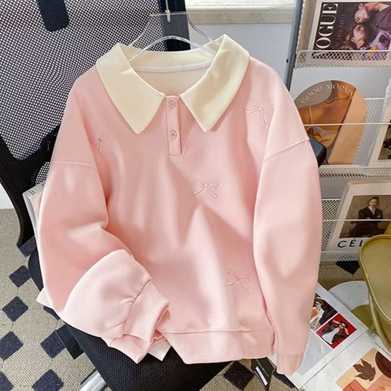 Sweet Bowknot Korean Style Polo Collar Sweatshirt for Women, Thin and Sweet, Age-Reducing, Versatile Top, 2025 Spring and Autumn New Style Sweet Bowknot Korean Style Polo Collar Sweatshirt for Women, Thin and Sweet, Age-Reducing, Versatile Top, 2025 Spring and Autumn New Style