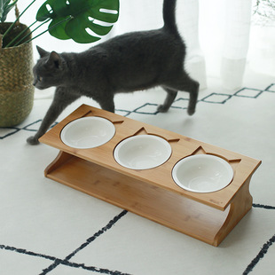 Cat Bowl Ceramic Double Bowl Cat Food Basin Inclined Neck Protection Stainless Steel Dog Bowl Water Bowl Solid Wood Bowl Rack Dining Table Cat Supplies