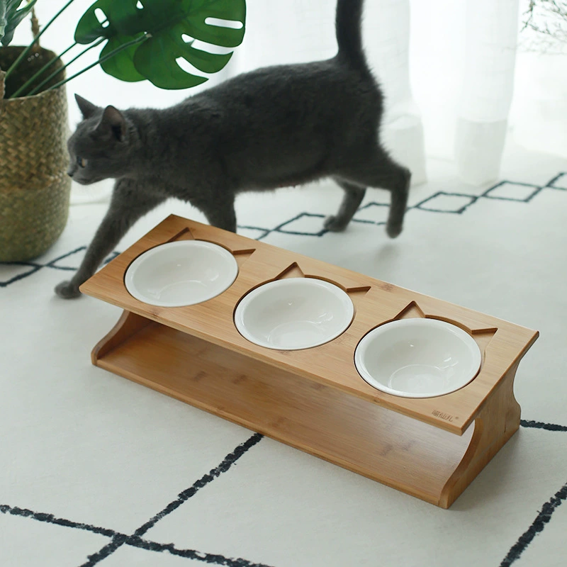 Керамическая двойная миска для кошек с наклонной кромкой для защиты шеи, миска для корма из нержавеющей стали, миска для воды, деревянная подставка для миски, товары для кошек