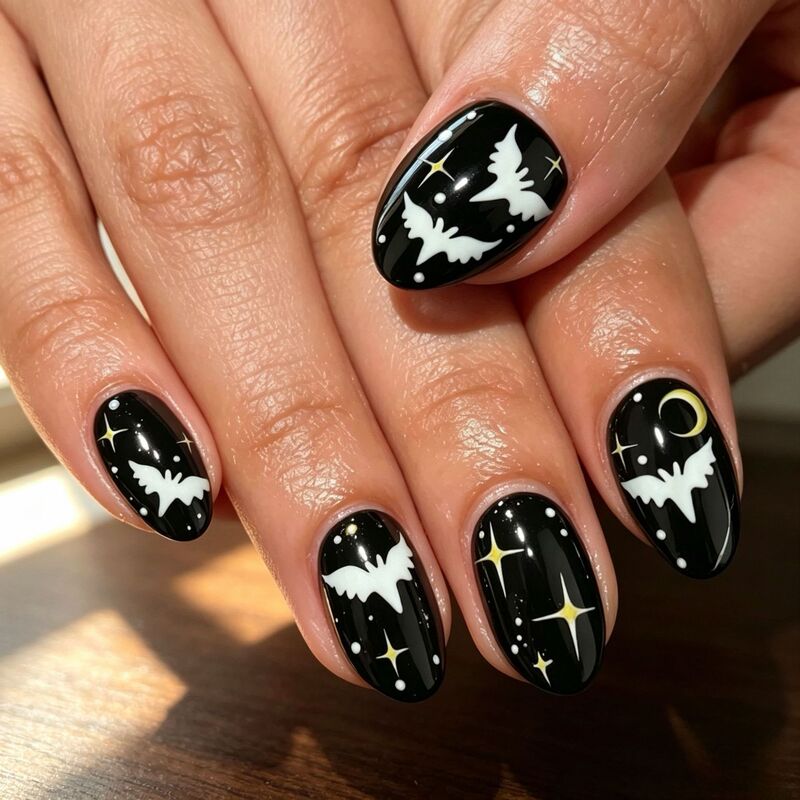 Dark and Sweet Halloween Night Sky Manicure with 3D Stars, Crescent Moon, Polka Dots, and Bat Designs - Short Almond-shaped Press-On Nails Wholesale Dark and Sweet Halloween Night Sky Manicure with 3D Stars, Crescent Moon, Polka Dots, and Bat Designs - Short Almond-shaped Press-On Nails Wholesale
