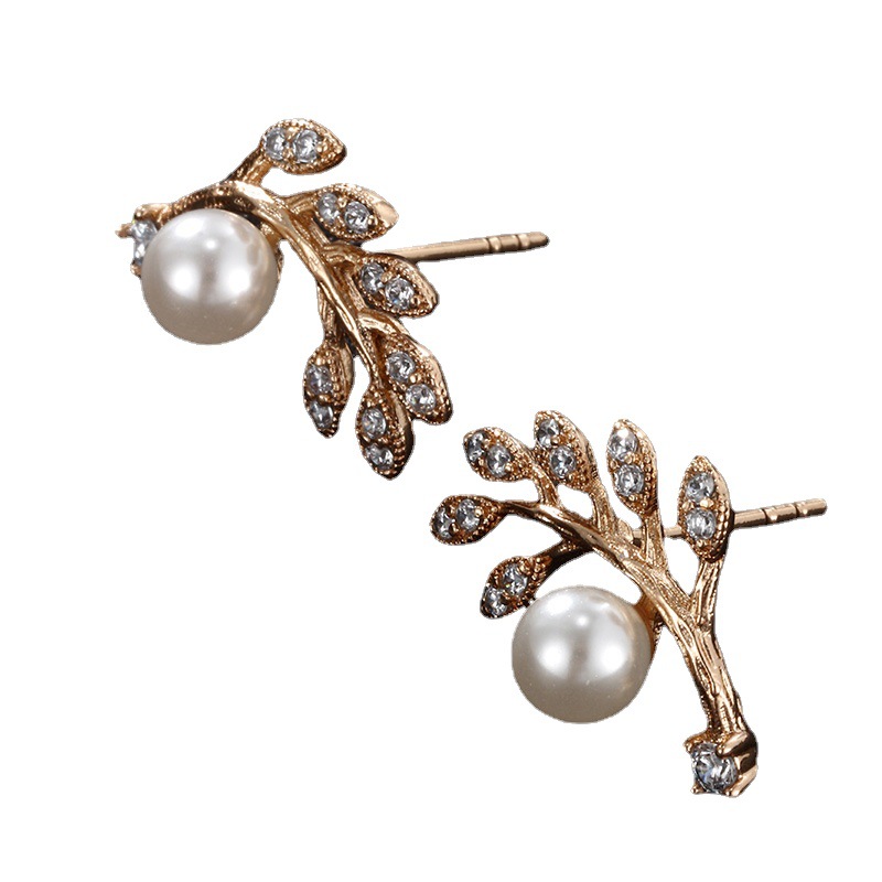 Joyería de Xuping plateado 24K color oro con incrustaciones de circonio imitación perla hoja Stud pendientes mujer estilo francés luz nicho de lujo pendientes