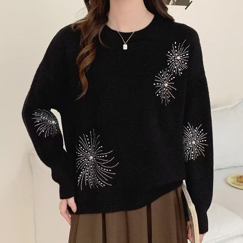 韩系小众设计感烟花烫钻毛衣女2025春季新款宽松显瘦减龄针织上衣|undefined