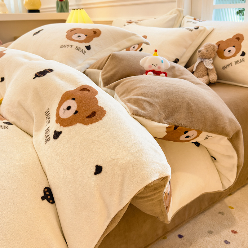 Invierno de coral cubierta de edredón de una sola pieza de invierno de peluche de doble cara de peluche de leche de cuatro piezas de cubierta de edredón de una sola persona engrosada
