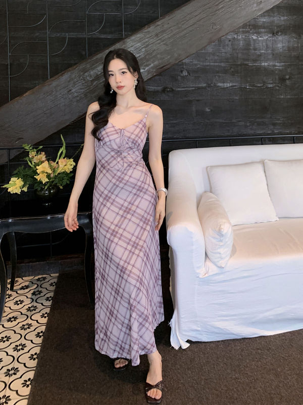 SYT自制 垂感好网纱弹力显瘦格子吊带连衣裙|undefined
