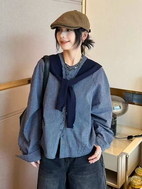 2025秋新款配披肩格子长袖两件套衬衫女休闲宽松显瘦短款衬衣上衣|undefined